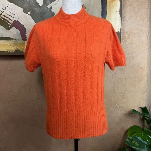 VINTAGE WOOL SHORT SLEEVE MOCK TURTLENECK NINA CHARLES KASPER ORANGE SWEATER L - Picture 8 of 13